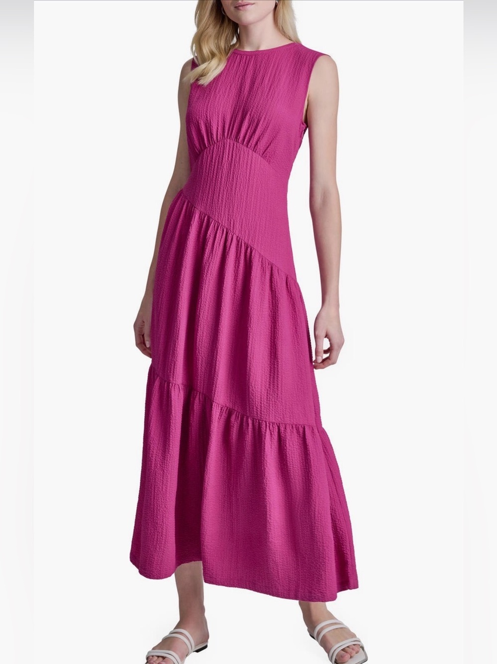 NWT DKNY Sleeveless Crinkled Gauze Tiered Maxi Dress in Fuchsia Size 14